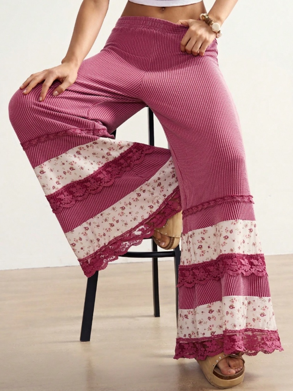 Boho Floral Print Stretchy waist Wide leg Lace pants - Picture 6 of 6